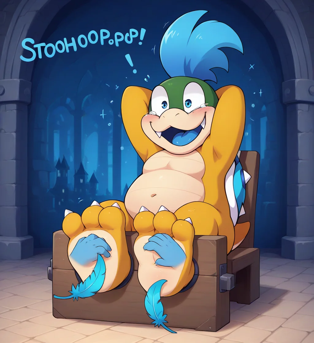 high resolution, best quality, 4k, solo, barefoot, feet together, legs together, male, laughing, cross-eyed, open smile, gaping mouth, head turned, tears, smile, tickling, tickle fetish, tickle torture, floating hands holding feathers, touching body, tickling feet, tickling sides, foot grab, hands behind head, sitting, stocks, feet in stocks, being tickled by a machine, castle interior background, <lora:Feet_Tickling_in_Stocks:0.6> sfw, three-quarter view, full body, soles, <lora:Laughing_Text_IL_V2:0.9> laughing text, blue text, big text, text everywhere, (stohohop text), exclamation marks, <lora:LarryKoopa-IllustriousXL:1> larrykoopa, koopa, scalie, blue hair, blue eyes, fangs out, short stack, 3 toes
