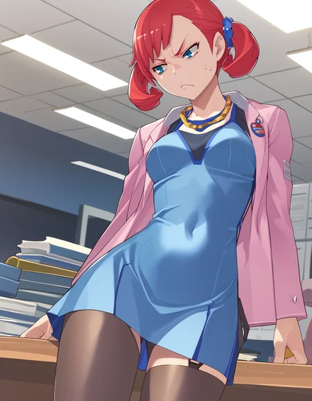 score_9, score_8_up, score_7_up, <lora:dsc-nokia-pony-V05-000003:1:lbw=0,0,0,0,0,0,1,1,0,0,0,0> dsc-nokia, red hair, blue dress, pink jacket, grey thighhighs, <lora:YasudaSuzuhito_pony_v1:0.8> ysdszht
1girl, cowboy shot, annoyed, office