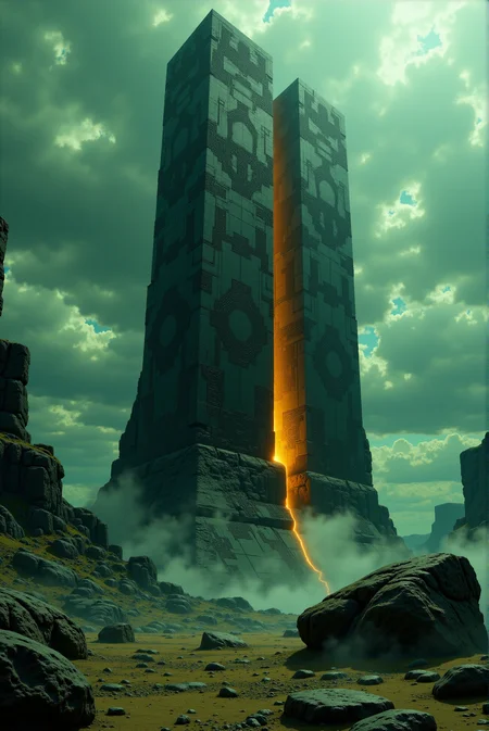 <lora:Legacy_of_the_forerunners_v.2:0.75>
A towering monolithic structure of impossible scale rises from a barren, cracked landscape, its surface hewn from obsidian-like stone and etched with elaborate geometric patterns, ancient symbols, and cryptic reliefs that seem to shimmer faintly in the dim light. The monolithâs surface bears the weathering of millennia, as though it predates civilization itself, and yet it radiates an unsettling energy, most notably where a molten-orange glow seeps from a jagged fissure near its base, casting flickering reflections on the surrounding ground. The sky above is dense with stormy clouds, tinged in hues of gray-green, enveloping the scene in a brooding, post-apocalyptic ambiance that amplifies the sense of mystery and foreboding. The structureâs impossible height pierces the sky, its summit disappearing into swirling mist, suggesting a celestial or extra-dimensional purpose beyond mortal understanding. Scattered boulders and dark rock formations encircle the monument like sentinels, enhancing the impression that this is not a ruin but an artifact of alien origin, a dormant relic waiting to awaken or be unlocked.