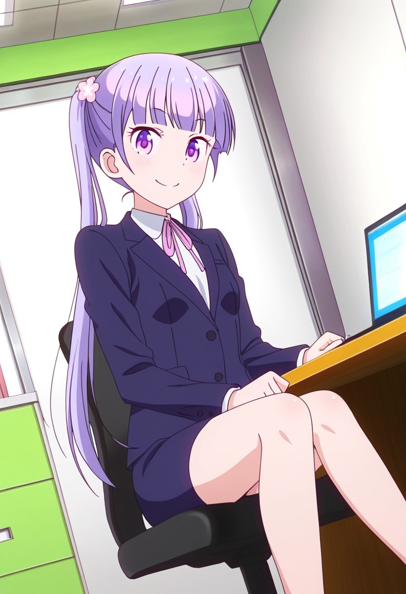 general,highres, ultra-detailed,very aesthetic,best quality ,best hands,best eyes,easynegative,
dynamic anglre, dutch angle, anime cloring,anime screencap,
1girl solo,looking at viewer,indoors,office, smile, sitting on chair, computer, desk,
Aoba SUZUKAZE,purple hair, long_twintails, small breasts, purple_eyes,suits, skirt,
