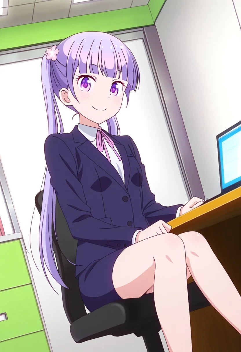 general,highres, ultra-detailed,very aesthetic,best quality ,best hands,best eyes,easynegative,
dynamic anglre, dutch angle, anime cloring,anime screencap,
1girl solo,looking at viewer,indoors,office, smile, sitting on chair, computer, desk,
Aoba SUZUKAZE,purple hair, long_twintails, small breasts, purple_eyes,suits, skirt,