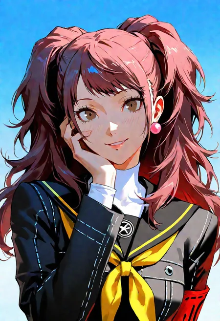 1girl,kujikawa_rise,persona,"kujikawa rise, persona","1girl, brown eyes, brown hair, long hair, twintails, medium breasts, yasogami school uniform, serafuku, yasogami school uniform, earrings, beautiful, detailed eyes, \(hairstyle\), young, blue eyes, muted colors, {{beautiful detailed face}}, semi-realistic, {{aesthetic}}, {{{best quality}}}, stunning, perfect body, soft features, looking at viewer, {playful|smirking} \(expression\), upper body, leaning, hand on face, blue sky, close up, (((masterpiece,best quality,newest,absurdres,highres)))