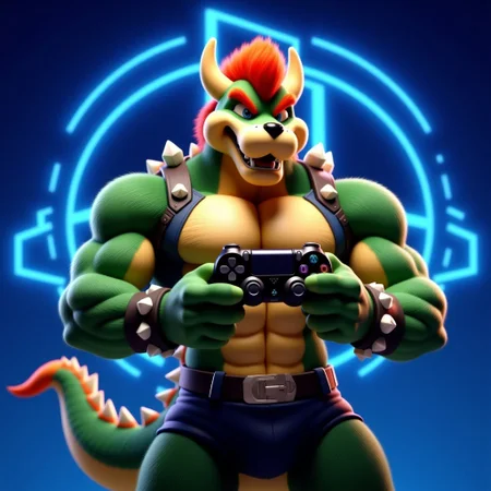 Bowser, male muscular, holding the PlayStation controller with a Playstation symbol behind and a blue background, in the 3D cinematic style of Hollywood live action, with 4K resolution and perfect studio lighting,