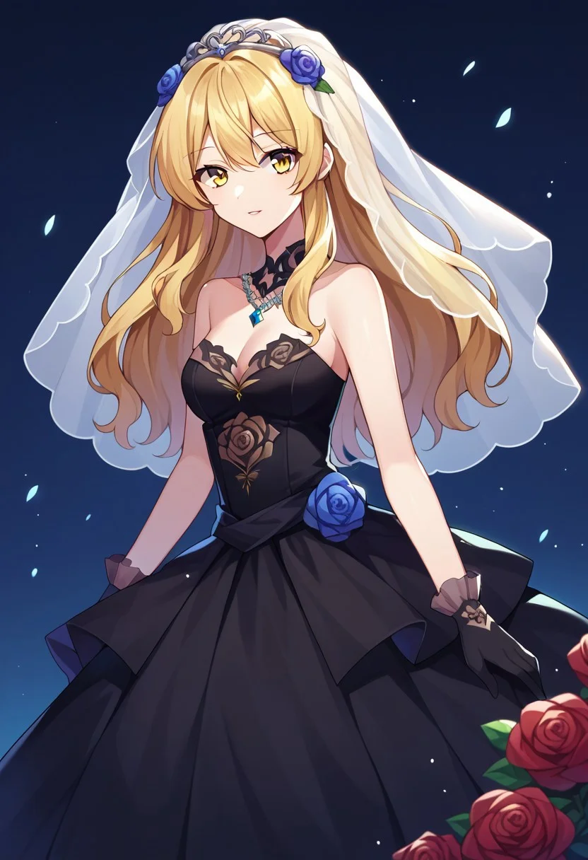 score_9, score_8, score_7, source_anime, wedding dress, 1girl, solo, looking at viewer, gloves, bare shoulders, bridal veil, rose, long hair, blonde hair, yellow eyes