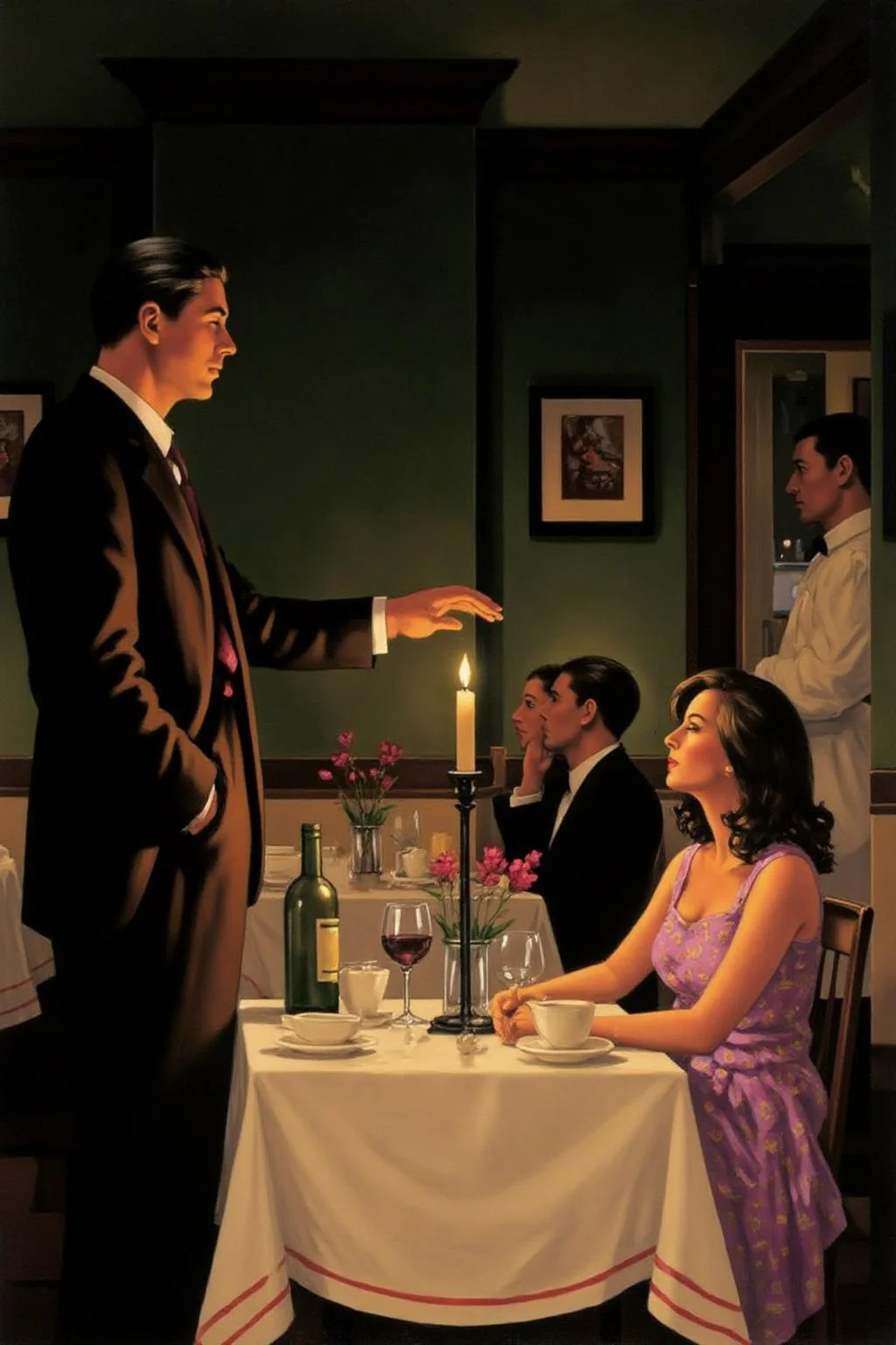 jackvettriano1 painting.
A scene at a restaurant. A restaurant table is set with a white tablecloth, a bottle, a glass of wine, a cup, and a small vase with flowers. On the left is a man, shown in profile, wearing a dark suit. He is standing and holding his palm over a burning candle. On the right, a woman in a purple dress sits, looking at the man on the left. A seated couple and a waiter are looking on in the background. <lora:jackvettriano1_cap_d8a4e12:1.0><lora:851758464651765905:0>