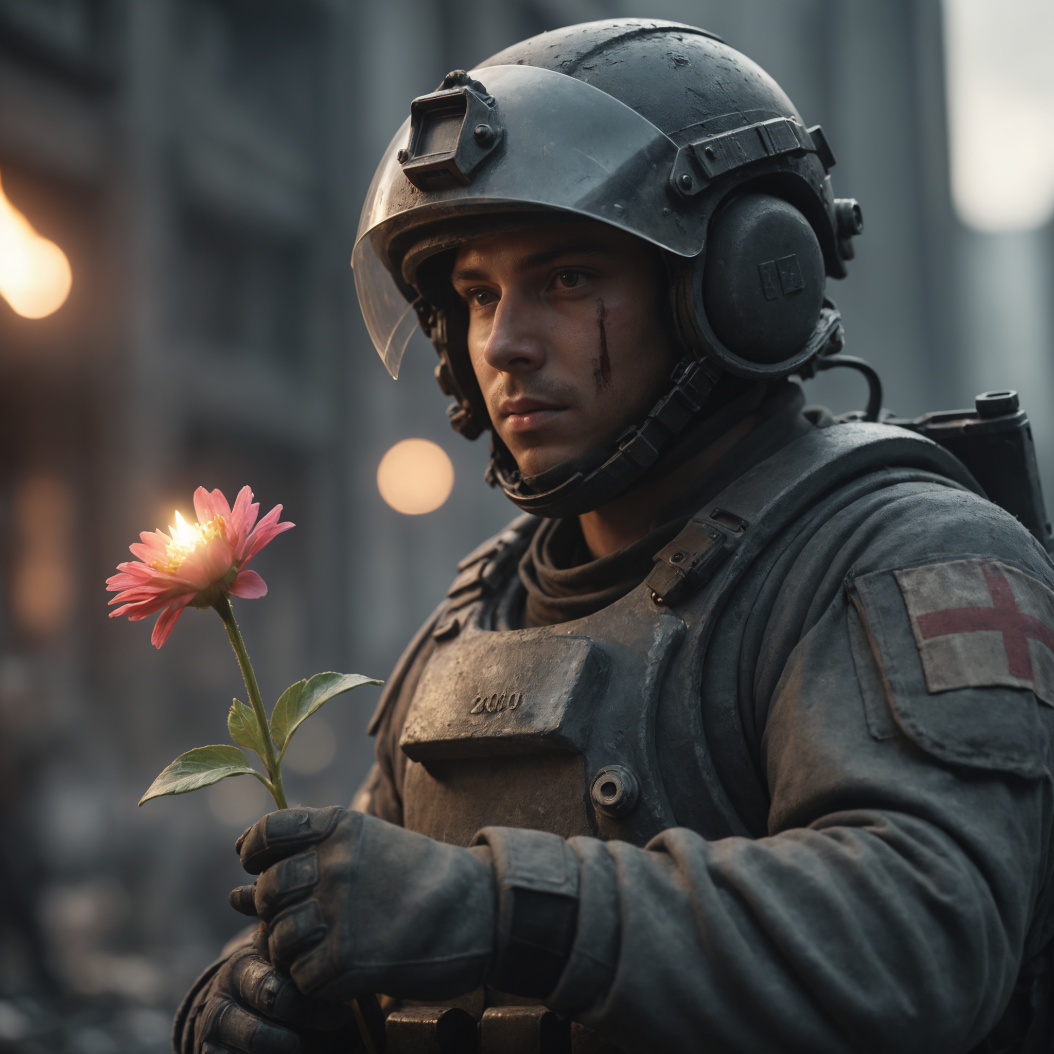 cinematic film still, a city, riot, fire, a dystopian future, year 3000, sci fi, amazing details, (a soldier holding a small flower), close up, dark atmosphere, shallow depth of field, vignette, highly detailed, high budget, bokeh, cinemascope, moody, epic, gorgeous, film