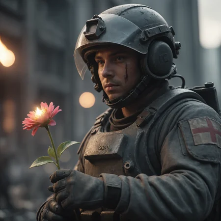 cinematic film still, a city, riot, fire, a dystopian future, year 3000, sci fi, amazing details, (a soldier holding a small flower), close up, dark atmosphere, shallow depth of field, vignette, highly detailed, high budget, bokeh, cinemascope, moody, epic, gorgeous, film