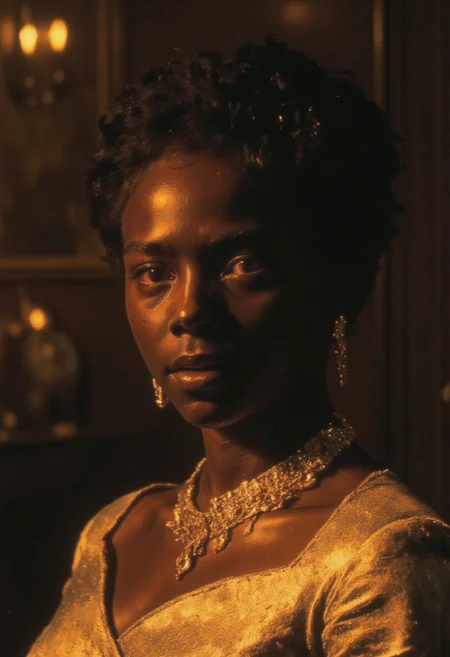 Midjourney , Black african queen portrait, grainy picture in a dim lit room, shiny jewlerry , gold all around her neck, golden dress