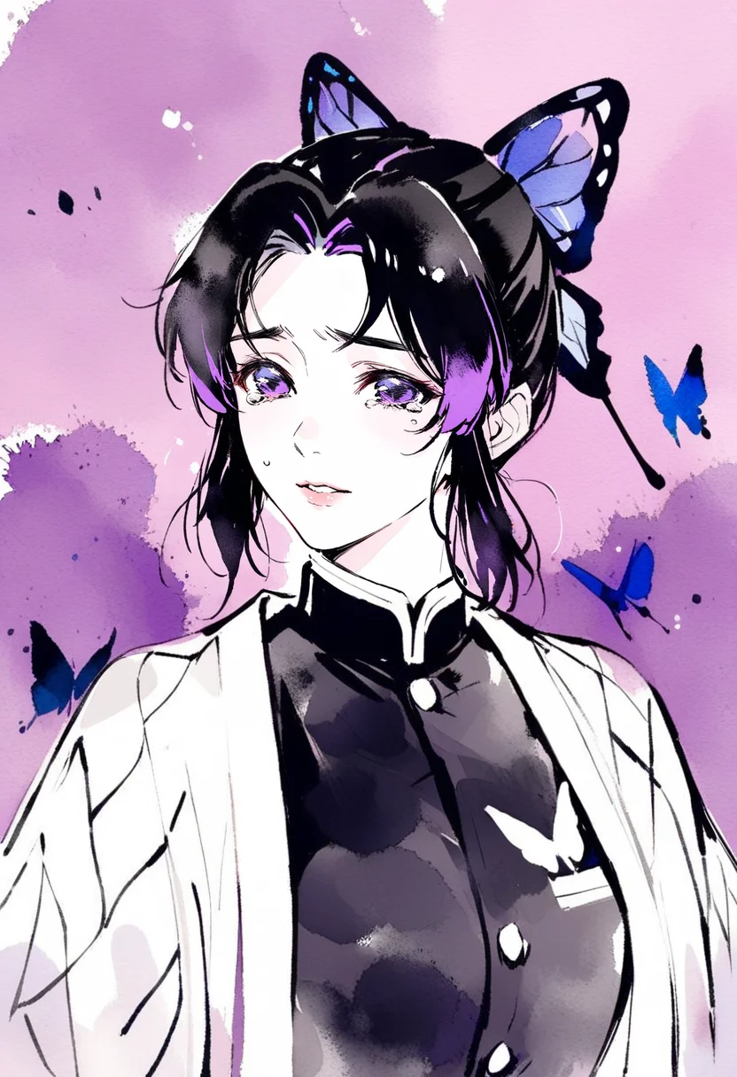 masterpiece, best quality,<lora:inkXL_ANI31_lokr_V43P1:0.95>monochrome, watercolor, 1girl, kochou shinobu, blue butterfly, bug, butterfly, solo, demon slayer uniform, purple eyes, black hair, hair ornament, butterfly hair ornament, looking at viewer, haori, upper body, parted bangs, lips, japanese clothes, short hair, jacket, closed mouth, parted lips, purple hair, multicolored hair, purple background, tears, black jacket, uniform, portrait
