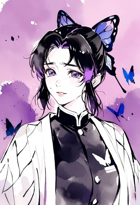 masterpiece, best quality,<lora:inkXL_ANI31_lokr_V43P1:0.95>monochrome, watercolor, 1girl, kochou shinobu, blue butterfly, bug, butterfly, solo, demon slayer uniform, purple eyes, black hair, hair ornament, butterfly hair ornament, looking at viewer, haori, upper body, parted bangs, lips, japanese clothes, short hair, jacket, closed mouth, parted lips, purple hair, multicolored hair, purple background, tears, black jacket, uniform, portrait