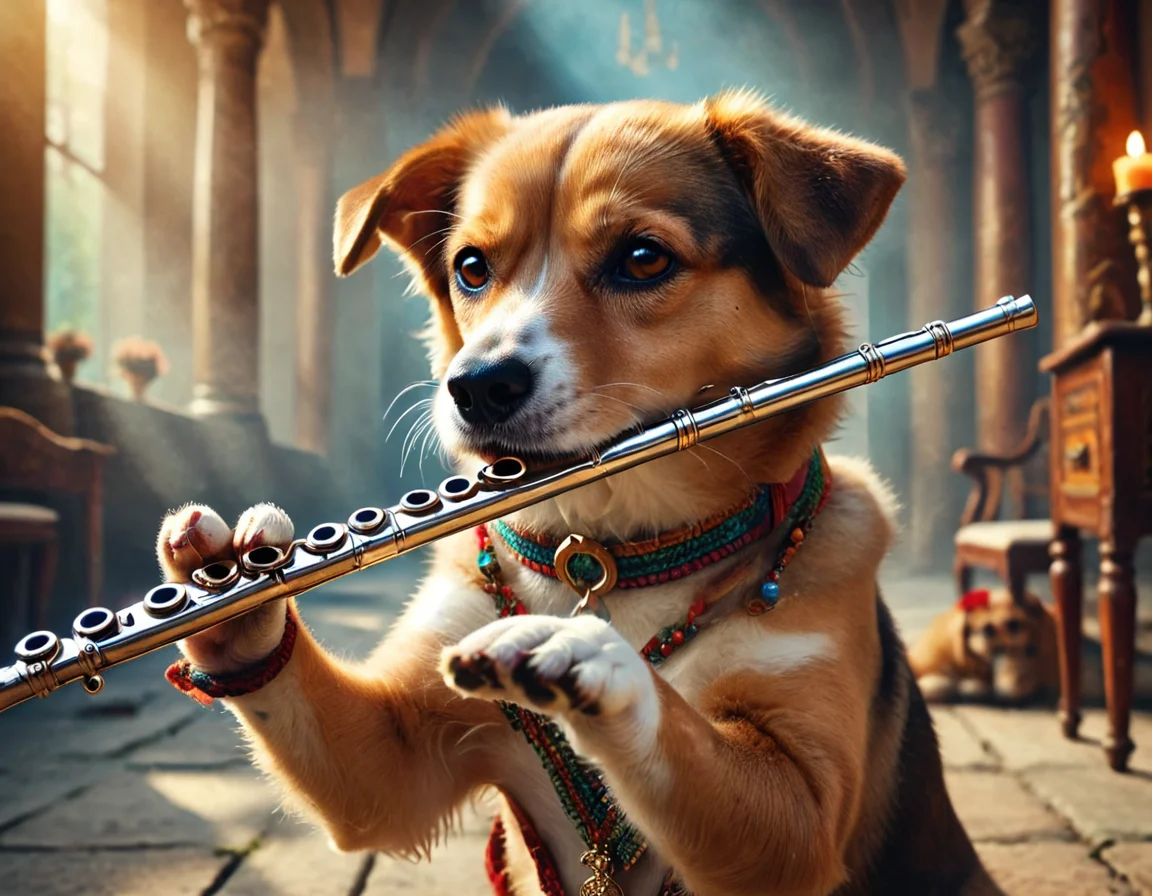 cinematic still musicianlora, dog playing flute . emotional, harmonious, vignette, 4k epic detailed, shot on kodak, 35mm photo, sharp focus, high budget, cinemascope, moody, epic, gorgeous, film grain, grainy, musicianlora, dog playing flute, intricate, elegant, highly detailed, wonderful colors, sweet, sharp focus, colorful, professional dramatic ambient dynamic composition, magical atmosphere, radiant light, cute, extremely fine detail, cinematic, complex, stunning, perfect, artistic, great symmetry, clear, crisp, very inspirational, creative, color, winning new classic, open original