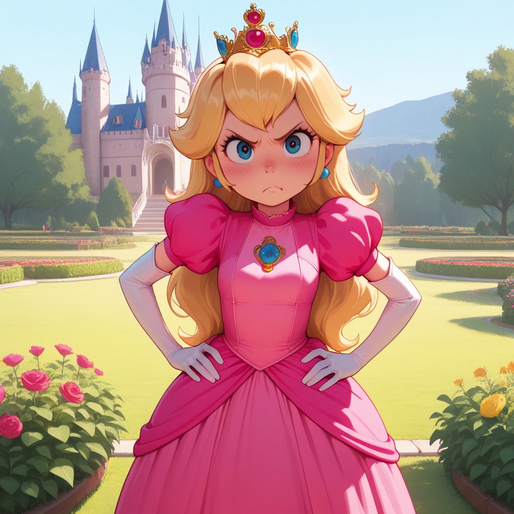 masterpiece, best quality, break, solo, princess_pch, blonde hair, long hair, crown, blue eyes, dress, puffy sleeves, elbow gloves, hands on hips, looking at viewer, annoyed, outdoors, garden, castle,