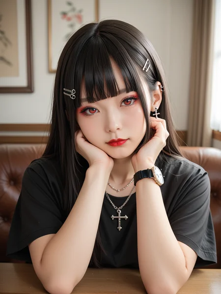 score_9, score_8_up, score_7_up,source_real,real skin,
BREAK
1girl, solo, long hair, looking at viewer, bangs, shirt, black hair, hair ornament, red eyes, jewelry, closed mouth, upper body, short sleeves, earrings, hairclip, indoors, blunt bangs, necklace, black shirt, makeup, piercing, ring, cross, ear piercing, fishnets, black nails, watch, head rest, red lips, wristwatch, gothic