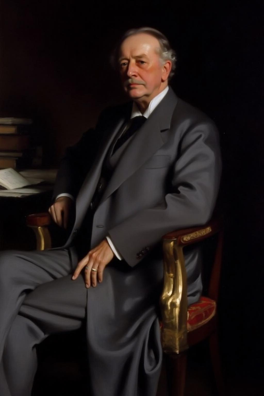 johnss1 painting.
a portrait of an old man is seated in a chair. The man is dressed in a gray suit, a white collared shirt, a black tie, and gray pants. His left hand is resting on his lap. His right hand is draped over his left shoulder. The chair he is sitting on is made of wood, with a gold armrest. The backdrop is dark, and a stack of books is visible behind the man. <lora:johnss2_cap_d6a3:1.0><lora:829180652667588421:0>