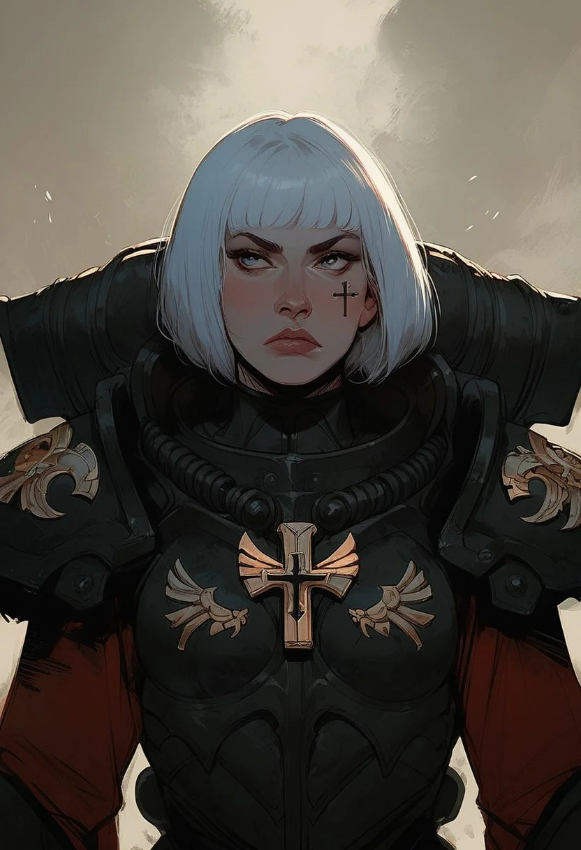 score_9, score_8_up, score_7_up, western cartoon, 1girl, sister of battle, pale white skin,white hair, short blunt bob haircut with full fringe full bangs, (medium chest), power armour, pauldrons, cheek tattoo, cross tattoo, upper body, serious expression