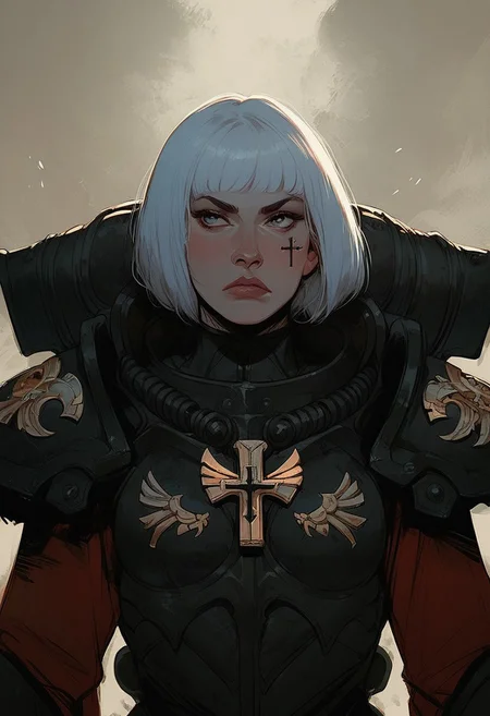 score_9, score_8_up, score_7_up, western cartoon, 1girl, sister of battle, pale white skin,white hair, short blunt bob haircut with full fringe full bangs, (medium chest), power armour, pauldrons, cheek tattoo, cross tattoo, upper body, serious expression