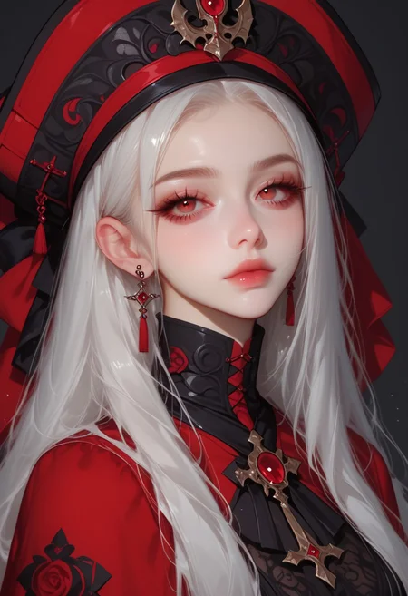 Expressiveh, morimee_style, jsyu_style, 2025. 03, 
(1girl, solo), long_hair, looking_at_viewer, black_hair, red_eyes, hat, dress, hair_between_eyes, closed_mouth, black_background, pale_skin, portrait