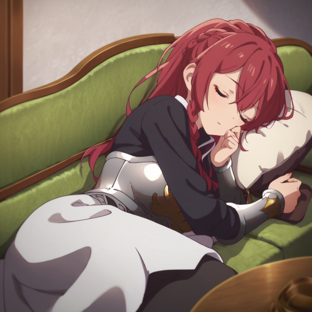 score_9, score_8_up, score_7_up, score_6_up, score_5_up, score_4_up, source_anime, , Jerietta, knight, red hair, livingroom, couch, sleeping