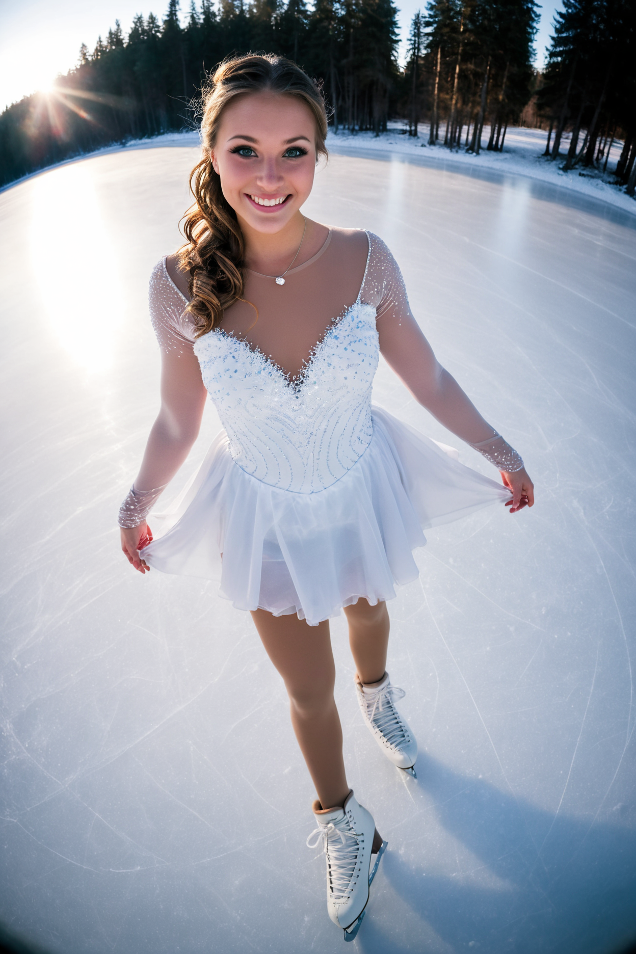 DSLR,woman,21 years old,1girl,cute,figure skating dress,sleeves,half body,romantic dress,smiling,makeup,tight fluffy dress,feminine bodice,from above,winter forest,backlit,volumetric lighting,frozen lake,rink,snowing,[fisheye lens],complimentary colors,analogous colors,
<lora:figureskatingdress_v14:0.6><lora:iphone_mirror_selfie_v01b:0.7>