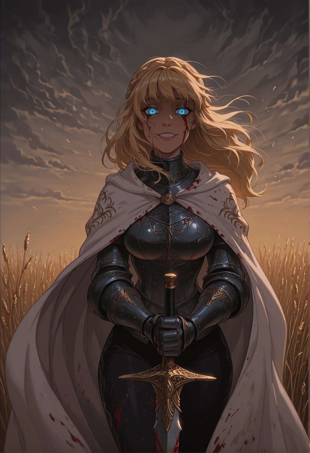score_9, score_8_up, score_7_up, masterpiece, best quality, very aesthetic, DisneyRenstyle, (dynamic:1), highres, detailed, 1girl, KnightLeda, blonde hair, bangs, crown braid, long hair, messy hair, hair floating on wind, blue eyes, (glowing eyes:1.1), crazy, (yandere:1.1), evil, blood on face, (smug:0.9), looking at viewer, needle knight armor, white cape, (large breasts:1.1), blood on clothes, blood on armor, holding sword, leda sword, blood on sword, gloves, gauntlets, black pants, wheat field, cloudy sky, godrays, dramatic lights
<lora:Needle_Knight_Leda_-_Maly007_lora:0.75>::0.3
<lora:Disney_Renaissance_Illustrious:0.8>