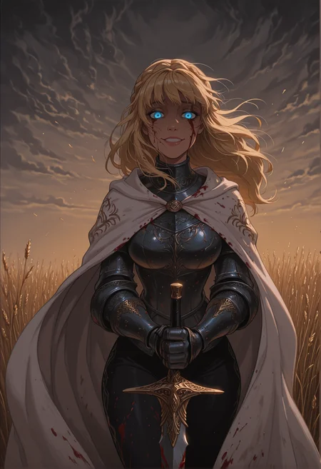 score_9, score_8_up, score_7_up, masterpiece, best quality, very aesthetic, DisneyRenstyle, (dynamic:1), highres, detailed, 1girl, KnightLeda, blonde hair, bangs, crown braid, long hair, messy hair, hair floating on wind, blue eyes, (glowing eyes:1.1), crazy, (yandere:1.1), evil, blood on face, (smug:0.9), looking at viewer, needle knight armor, white cape, (large breasts:1.1), blood on clothes, blood on armor, holding sword, leda sword, blood on sword, gloves, gauntlets, black pants, wheat field, cloudy sky, godrays, dramatic lights
<lora:Needle_Knight_Leda_-_Maly007_lora:0.75>::0.3
<lora:Disney_Renaissance_Illustrious:0.8>