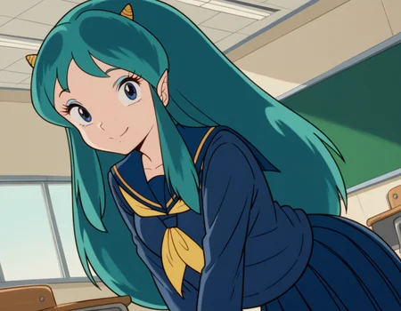 score_9, score_8_up, score_7_up, source_anime,
uruseilum, <lora:lum-class-studio-pierrot-ponyxl-lora-nochekaiser:1>
lum, long hair, bangs, blue hair, blue eyes, horns, pointy ears, aqua hair, oni horns, eyeshadow,
shirt, long sleeves, school uniform, serafuku, sailor collar, neckerchief, yellow neckerchief, shirt, blue shirt, blue sailor collar, blue skirt,
indoors, classroom, bent over, smile,
looking at viewer, dutch angle, cowboy shot, solo,
