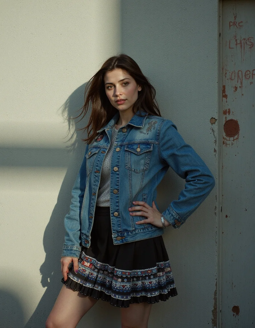 Light caustics,Kodak UltraMax 400,(masterpiece best quality ultra-detailed best shadow amazing realistic picture),Citadel,pray hand on hip,dressed in a denim jacket with patches and a tiered ruffle skirt,Blue black,helicopter hair,a Surprising woman