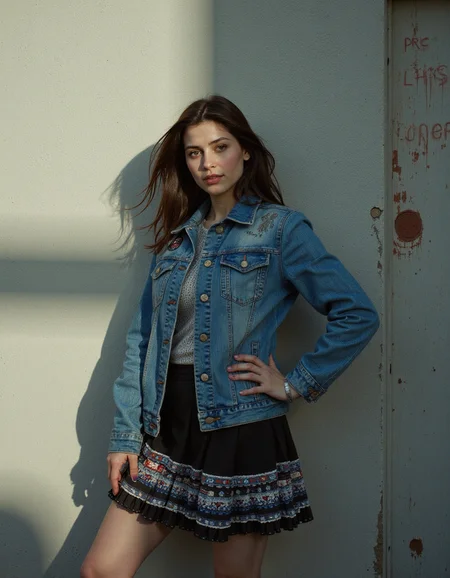 Light caustics,Kodak UltraMax 400,(masterpiece best quality ultra-detailed best shadow amazing realistic picture),Citadel,pray hand on hip,dressed in a denim jacket with patches and a tiered ruffle skirt,Blue black,helicopter hair,a Surprising woman