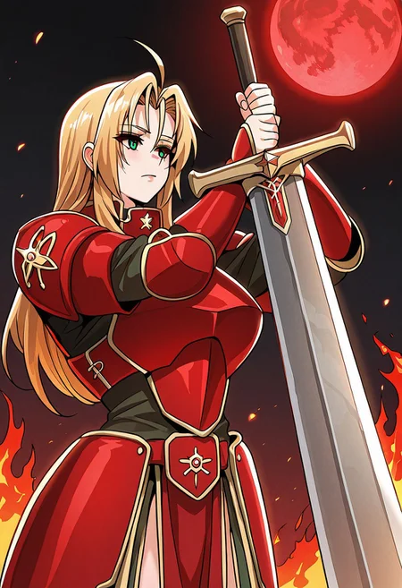1girl, solo, (( <lora:bought_by_the_demon_lord_style:1> , bought_by_the_demon_lord_style, female_knight_(rachel_hamburg), tall woman, thin waist, wide hips, beautiful skin, piercing green eyes, clear eyes, bright pupils, beautiful eyes, beautiful blonde hair, beautiful long hair, ahoge, open curtain bangs, huge and shaggy breasts, natural beauty, extraordinary beautiful woman, attractive woman, super sexy woman, lustful body, sexy woman with seductive obscene body, sensual body, voluptuous body, sexy beauty, no piercings, no piercing, )) , ((grey and red full armor with gold star symbol, )) , sword duel, (holding huge sword:1.2), (huge sword with fire effect:1.2), red fire and smoke effects, dynamic lens, sword tip, female focus, close up, holding sword, outdoor, black sky, red moon, (twilight:0.3), very aesthetic,