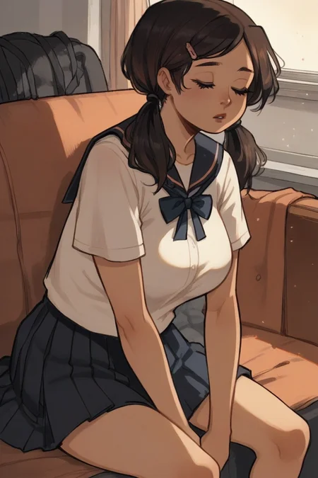 score_9, score_8_up, score_7_up, score_6_up, source anime, 1girl, black hair,brown hair, twintails, hairclip, closed eyes, long eyelashes, parted lips, large breasts, school uniform, skirt, bare legs, sitting, sofa, <lora:Test\anteikusama\anteikusama_v01.safetensors:0.9:0.9> <lora:Styles\CamonomeV2.safetensors:1:1>