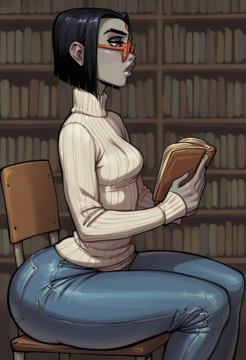 (Side profile:1.3), looking to the side, high detail, perfect face, very close-up, 1girl, sitting in chair, short hair, black hair, grey skin, (Library background:1.3), (thick thighs:1.5), perky breasts, (Raven from DC comics:1.3), grumpy expression, red eyes, head tilted, plump lips, small breasts, (hyper ass:1.2), ass bigger than head, wide hips, bottom heavy, (white sweater, glasses, jeans:1.4), (up close shot:1.4), reading book
BREAK
score_9, score_8_up, score_7_up, score_6_up, source_cartoon, rating_explicit