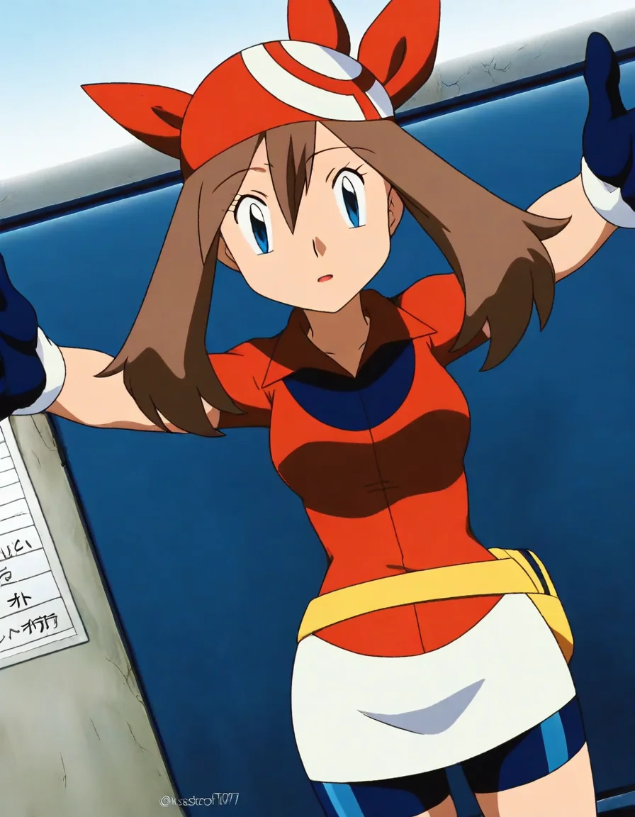 score_9, score_8_up, score_7_up, source_anime, <lora:pokemon-may-anime-illustrious-lora-nochekaiser:1>, pokemonmay, 1girl, may (pokemon), blue eyes, brown hair, bandana, long hair, red bandana, twintails, hair between eyes,, bike shorts, collared shirt, gloves, microskirt, multicolored shirt, pencil skirt, red shirt, shirt, short sleeves, skirt, white skirt,, bus stop, waiting, commuter, smartphone, checking time, cold morning, , looking at viewer, on back, arm support, arms up, incoming hug, pov, reaching, reaching towards viewer,, solo,, cowboy shot, dutch angle, solo