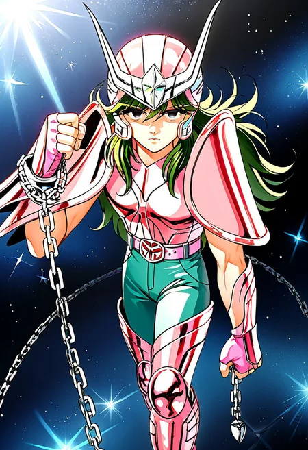 score_9, score_8_up, score_7_up, score_6_up, score_5_up, score_4_up, source_anime, 1boy, andromeda shun, anshun, toned male, (slim:1.3), (simple eyes:2), pink sleeveless armor, long wavy green hair, pink helmet with two prongs and silver accents, pink vambraces, large pink pauldrons, fingerless pink gloves, pink thighhigh greaves, green pants, pink boots, stylized belt buckle with silver and pink accents, 80's, retro aesthetic, action pose, hand up, (shiny:2), holding chains,