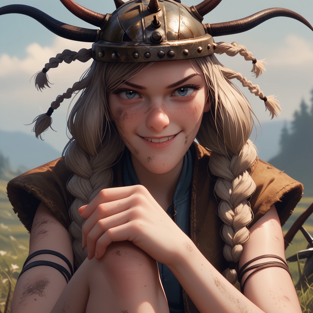 score_9, score_8_up, score_7_up, score_6_up, score_5_up, score_4_up, 1girl, Ruffnut, helmet, seductive pose, smile, braids, horns, open vest, small breasts, leather skirt, armor, bare feet, dirty feet