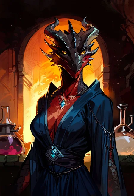 zPDXL, score_9, score_8_up, score_8, score_7_up, score_7, HD, female focus, solo, close up portrait, fantasy, alchemical lab background, (dynamic lighting:1.1), ((masterpiece)), Dragonborn, furry dragon, black dragon, (obsidian black scales), glossy scales, (sexy), medium breasts, athletic female, fantasy robe, blue dress, full dress, pendant, horn accessories, beautiful eyes, flasks, potion vials