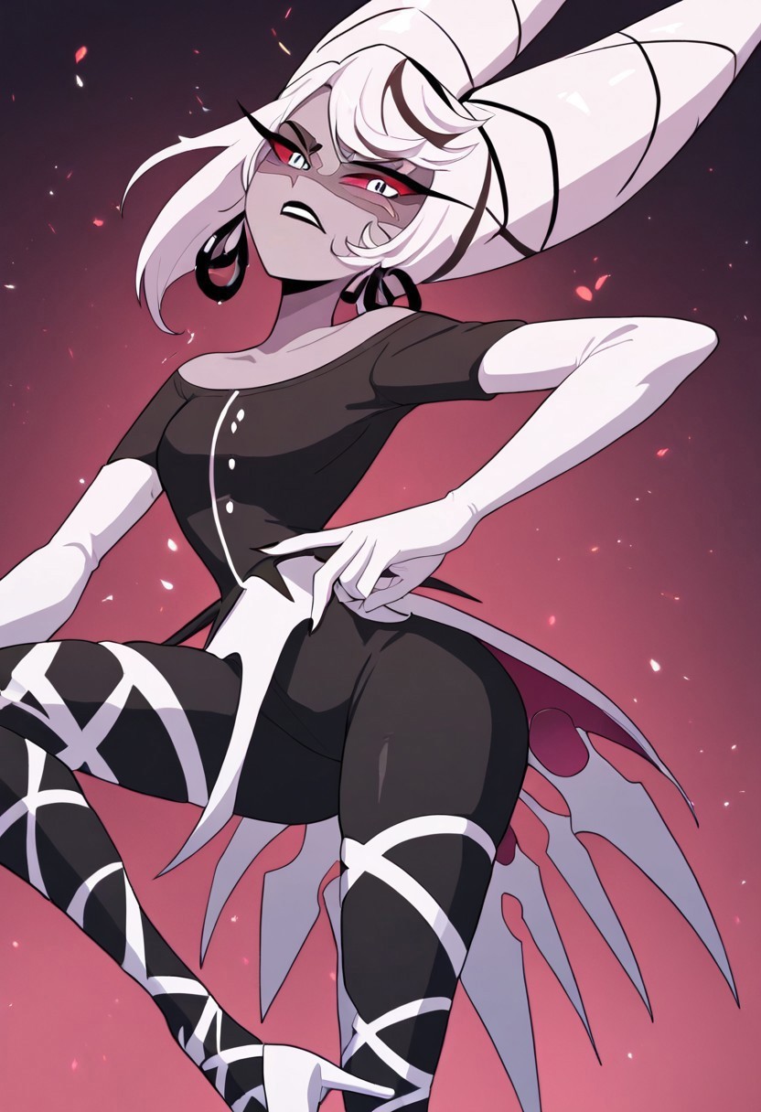 masterpiece, best quality, newest, absurdres, highres, 
1girl, HHOVP-CAC.V1.0-BH, grey skin, hoop earrings, earrings, white hair, black bodysuit, balerina, facial mark, hair horns, black lips, white elbow gloves, elbow gloves,