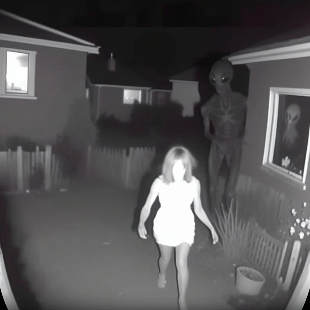 Footage of a woman who blankly gazing upon an alien performing a psychic attack CCTV Style <lora:SDXL-CCTV-Style-Lora:0.7>