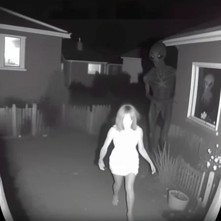 Footage of a woman who blankly gazing upon an alien performing a psychic attack CCTV Style <lora:SDXL-CCTV-Style-Lora:0.7>