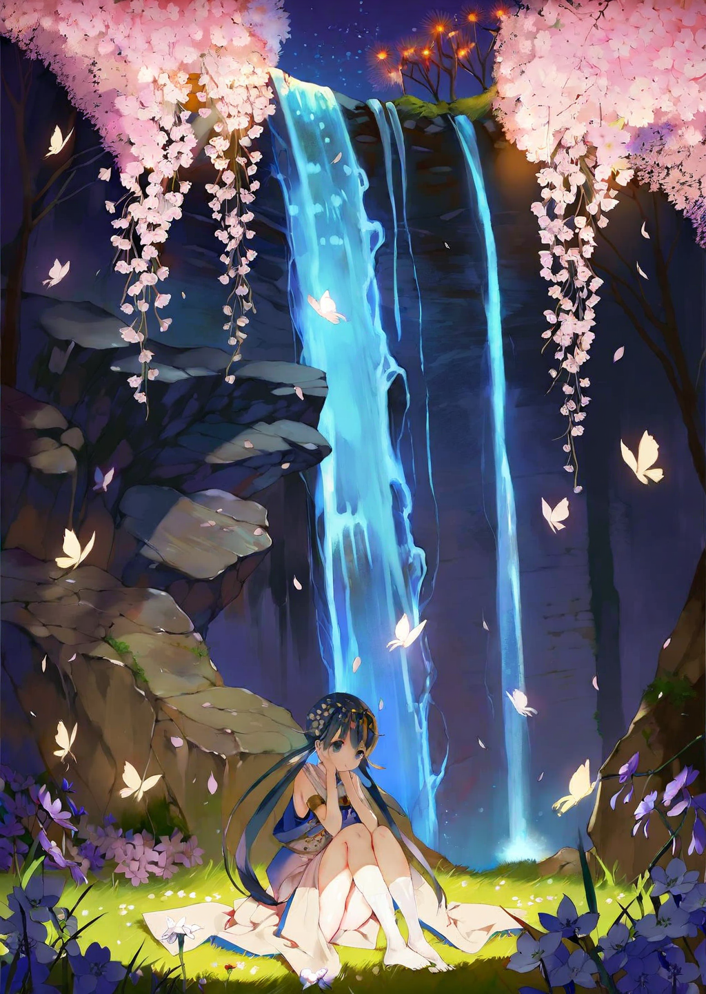 by umaiyo puyoman ,  by yogisya
  1girl  
extremely beautiful detailed piercing eyes,
a girl immersed in a magical garden at twilight. She stands beside a luminous waterfall, cherry blossoms gently falling around her. The soft glow of fireflies and the distant twinkle of stars add an enchanting ambiance to this serene and otherworldly scene
 masterpiece, best quality, high quality, highres, absurdres, very detailed, high resolution, sharp, sharp image, 8k, vivid, colorful, stunning, anime