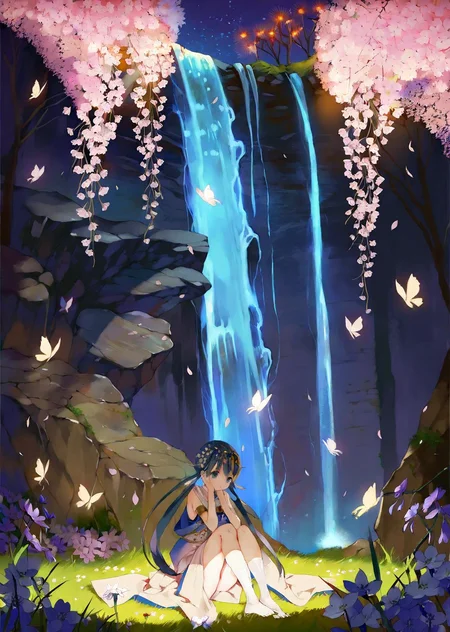 by umaiyo puyoman , by yogisya
1girl
extremely beautiful detailed piercing eyes,
a girl immersed in a magical garden at twilight. She stands beside a luminous waterfall, cherry blossoms gently falling around her. The soft glow of fireflies and the distant twinkle of stars add an enchanting ambiance to this serene and otherworldly scene
masterpiece, best quality, high quality, highres, absurdres, very detailed, high resolution, sharp, sharp image, 8k, vivid, colorful, stunning, anime