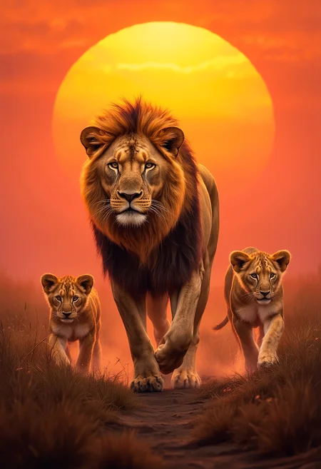 A Lion walking towards viewer followed by lion cubs, the great savannah, sunset background, rim lighting, epic, vibrant colors, vibrant glow