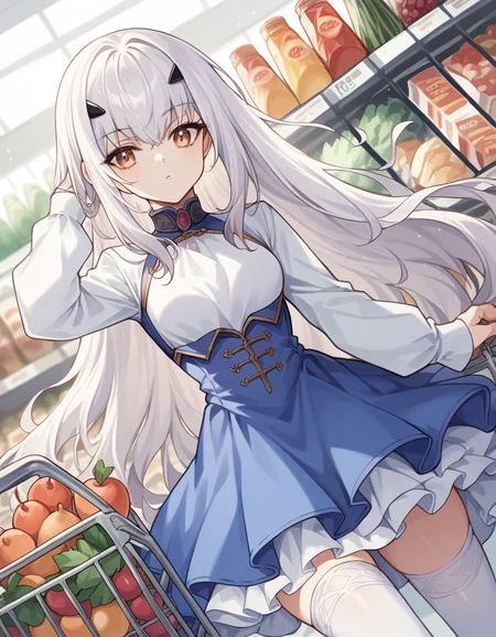 score_9, score_8_up, score_7_up, source_anime, <lora:fgo-melusine-ponyxl-lora-nochekaiser:1>, melusine, brown eyes, long hair, white hair, sidelocks,, blue dress, dress, frills, long sleeves, thighhighs, thighs, white thighhighs,, grocery store, shopping cart, picking fruits, everyday life, , , looking at viewer, hand behind head, solo,, cowboy shot, dutch angle