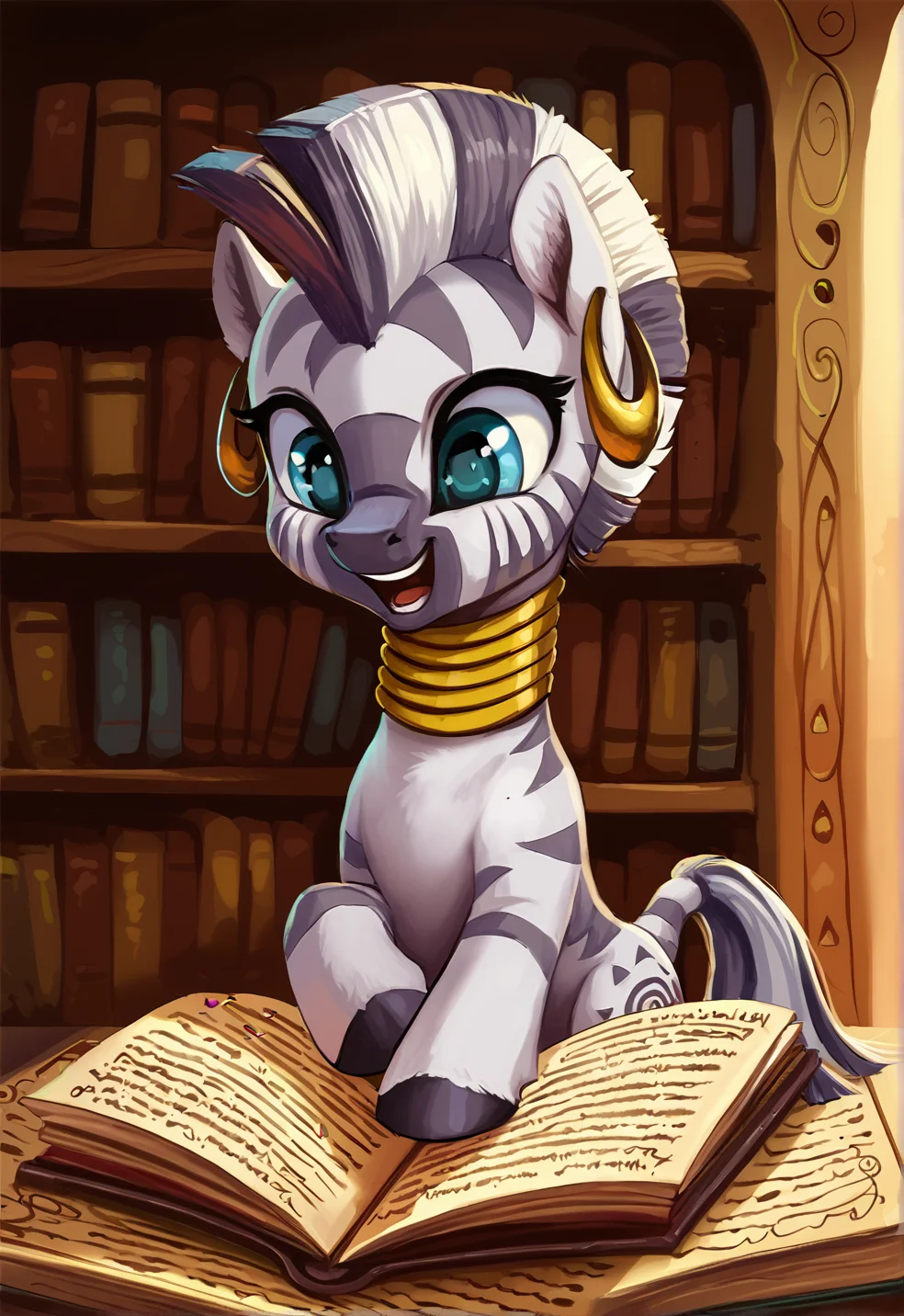 score_9, score_8_up, score_7_up, score_6_up, score_5_up, score_4_up, rating_safe, zecora, female, pony, solo, zebra, blank flank, book, cute, filly, happy, open mouth, reading, younger, inspiration, sweet dreams fuel, bookshelf, zecorable, smiling, filly zecora, g4, detailed, beautiful, <lora:Wholesome-MLP-v1.4b:1>