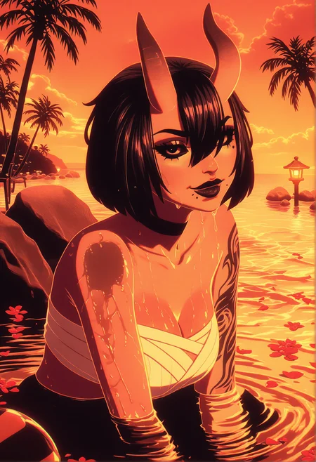 GLSHS,delicate colors,partially illuminated, (masterpiece, absurdres, very awa:1.4), golden hour, orange theme, sunset, beach, rocks, beach ball, sand, palm tree, smug, looking at viewer, fortnitenightrose, 1girl, black hair, short hair, bob cut, bangs, hair between eyes, hair over one eye, asymmetrical horns, oni horns, skin-covered horns, black eyes, black sclera, sclera, closed mouth, mole, mole under mouth, black lips, lipstick, makeup, natural hot spring, sitting on rock with legs dipped in water, wet skin, towel draped around body, cleavage, steam, gentle ripples in water, warm lantern glow, flower petals floating on water, <lora:GLSHS-IL:1.2>,  <lora:Fortnite_The_Night_Rose_All_Outfits_ILXL:0.8>, <lora:dmd2_sdxl_4step_lora:1>