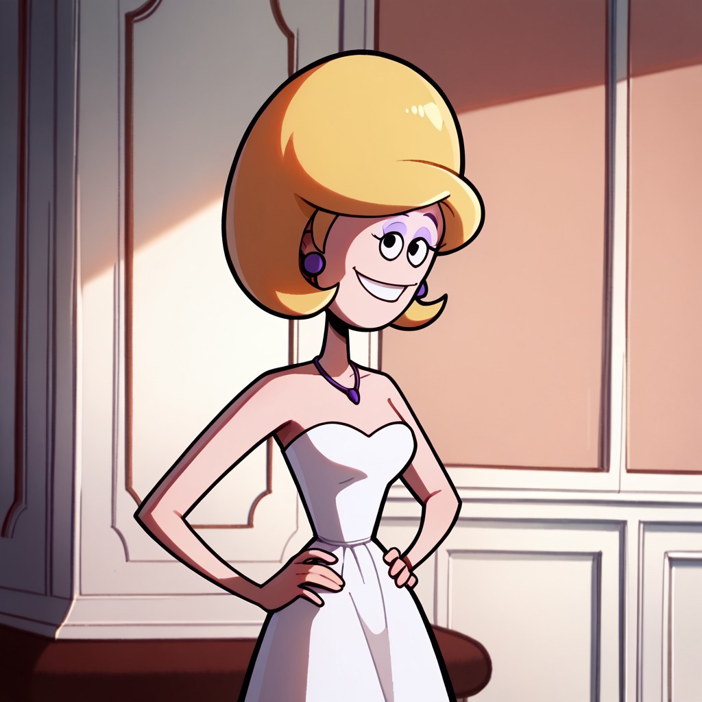 score_9, score_8_up, score_7_up BREAK PristineK, 1girl, blonde hair, black eyes, purple eyeshadow, purple oval earrings, purple necklace, strapless white dress, cowboy shot, hands on hips, smiling at viewer, salmon-pink mansion indoors,