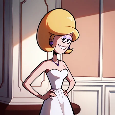 score_9, score_8_up, score_7_up BREAK PristineK, 1girl, blonde hair, black eyes, purple eyeshadow, purple oval earrings, purple necklace, strapless white dress, cowboy shot, hands on hips, smiling at viewer, salmon-pink mansion indoors,
