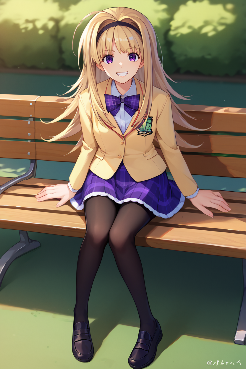 score_9, score_8_up, score_7_up, score_6_up, source_anime, BREAK 1girl,  <lora:chnanami-pdxl-nvwls-v1-000006:1> chnanami, blonde hair, purple eyes, hairband, bowtie, yellow blazer, plaid skirt, pantyhose, sitting, bench, park, grin, looking at you