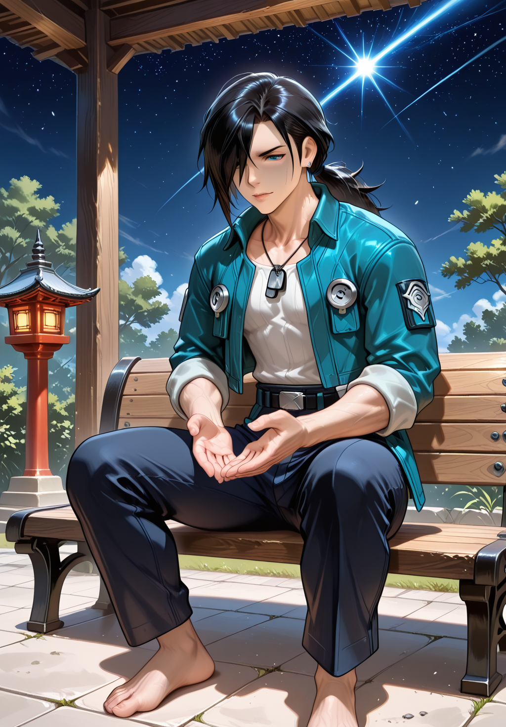 IllusP0s, PonyScores7, source_anime, ah1, IllustriousQual, interesting, exciting, spectacular, wonderful, amazing quality, absolutely eye-catching, very awa,  
BREAK <lora:xl_more_art-full_v1:0.2>, <lora:aesthetic_anime_v1s:0.2>, <lora:EpicF4nta5yXL:0.2>, <lora:detailxl:0.2>, detailxl, <lora:Fant5yP0ny:0.2>, amazing quality, best aesthetic, absurdres, illustration, Volumetric_Lighting, ultra-detailed, very aesthetic, intricate details, best_quality, lazympos, <lora:Add_Details_v1.2:0.2>, <lora:quality_modifiers_masterpieces_v1:0.2>, <lora:ZootPonyAnime_V1_r2:0.2>, <lora:Bestifacator2:0.2>, anime style,
BREAK (((A hush fell as a man with calloused hands and a quiet intensity stepped forward, his voice a low rumble as he began to sing a haunting melody, his voice resonating with the ancient stories of his people, Nearby, a younger man, his face alight with youthful exuberance, challenged the others to a race, his bare feet already itching to touch the dusty ground))), <lora:DynamicPoseIL2att_alpha1.0_rank4_noxattn_900steps:0.8>, dynamic pose,
BREAK Stable_Yogis_PDXL_Positives, AS-Adult, <lora:Complicated fantasy portrait - XL Pony V2.0:0.2>, <lora:HDA_Detailer:0.3>, AS-MidAged, (((<lora:Three_Quarter_View:0.8>, 3qv, three quarter view))),
BREAK (((<lora:LagunaLoire(FinalFantasyVIII)_ilxl:0.7> laguna loire, 1boy, earrings, dog tags, necklace))), <lora:shinyskin2:0.2>, glistening skin, <lora:perfection style:0.2>, perfection style, perfection, 
BREAK (((space archaeologist, with a relic scanner uncovering ancient technologies to advance current science inquisitive and knowledgeable))),
BREAK ((black hair, long hair, hair over one eye, low ponytail)), <lora:hairdetailpxl:0.2>, hairdetailpxl, 
BREAK ((angular face, sharp_featured face, handsome, charming, alluring)), blue eyes, expressive eyes, <lora:perfect-eyes:0.4>, perfecteyes, EyesHD, <lora:DetailedEyes_xl_bdsqlsz_V1:0.2>, <lora:Eyes_Lora_Pony_Perfect_eyes:0.2>, <lora:focusoneyes:0.2>, <lora:cinematic eye color style illustrious v1:0.2>, <lora:Eyes_High_Definition:0.2>, EyesHD,  <lora:fdsf:0.3> HDEYES, <lora:eyes_enhancer_V3:0.3>,
BREAK ((((emotional,1.3), boredom, eyes may drift off, lips set in a flat line, and eyebrows slightly raised, giving a laid-back vibe))), <lora:Expressive_H:0.2>, Expressiveh, <lora:Emotional_Anime_Expressions_PonyXL_Concept:0.2>, emotional, <lora:Best_Facial_Expression_LoRA_PONY:0.2>, looking at viewer, <lora:Detailed expressive EXEV style -XL Pony V1.0:0.2>, FaceDetail,
BREAK (((Temple Grounds, Serene garden with gravel paths, stone lanterns, lush foliage, wooden benches for meditation, small pagoda housing religious relics))), <lora:Background Detailer - SDXL:0.2>, 4k, 8k, Ultra HD, Masterpiece, Best quality, Detailed background, foreshortening, extreme perspective, <lora:Add_more_details_V2_XLpony:0.2> full_details, <lora:background-type1:0.2>, <lora:AddMicroDetails_Illustrious_v3:0.2>, addmicrodetails, SmoothNoob_Quality, <lora:ani40o_stabilizer_v0.6:0.6>,