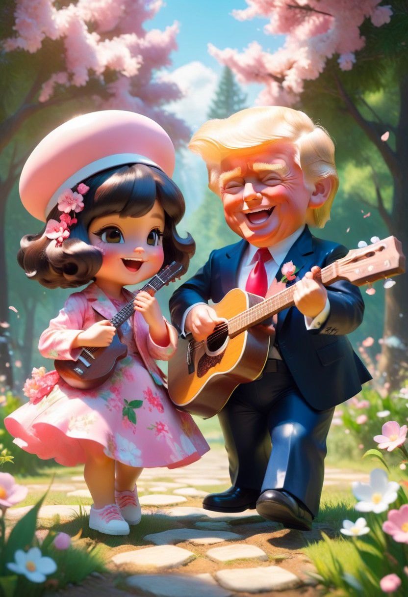 (masterpiece),(best quality),(ultra-detailed), (full body:1.2), 1Trump ,chibi,cute, smile, open mouth, flower, outdoors, playing guitar, music, beret, holding guitar, jacket, blush, tree, :3, shirt, short hair, cherry blossoms, green headwear, blurry, brown hair, blush stickers, long sleeves, bangs, headphones, black hair, pink flower, (beautiful detailed face), (beautiful detailed eyes), <lora:blindbox_v1_mix:1>,