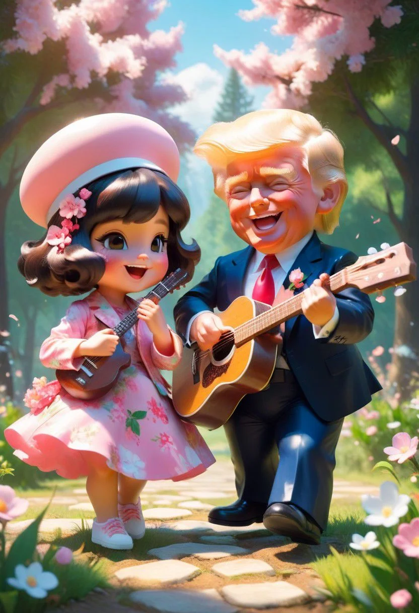 (masterpiece),(best quality),(ultra-detailed), (full body:1.2), 1Trump ,chibi,cute, smile, open mouth, flower, outdoors, playing guitar, music, beret, holding guitar, jacket, blush, tree, :3, shirt, short hair, cherry blossoms, green headwear, blurry, brown hair, blush stickers, long sleeves, bangs, headphones, black hair, pink flower, (beautiful detailed face), (beautiful detailed eyes), <lora:blindbox_v1_mix:1>,